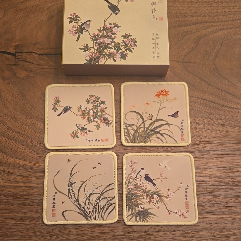 Elegant Silk Bird and Floral Coasters Set